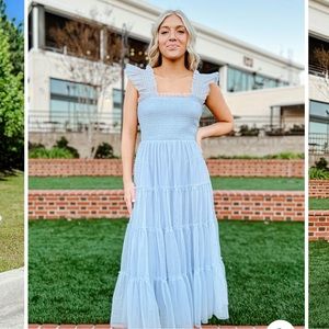 SMOCKED RUFFLE TULLE MAXI DRESS—LIGHT BLUE